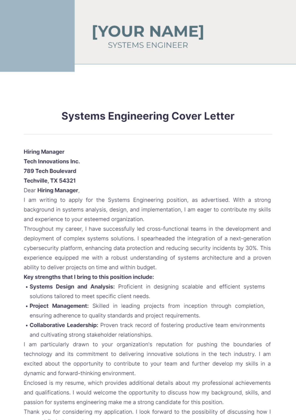 Systems Engineering Cover Letter - Edit Online & Download