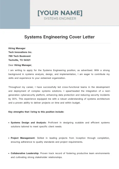 Free Systems Engineering Cover Letter to Edit Online