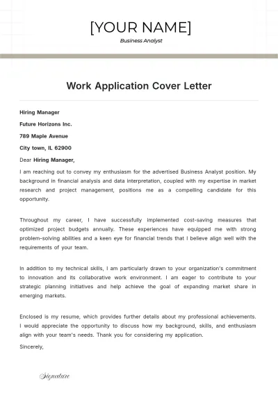 Free Work Application Cover Letter to Edit Online
