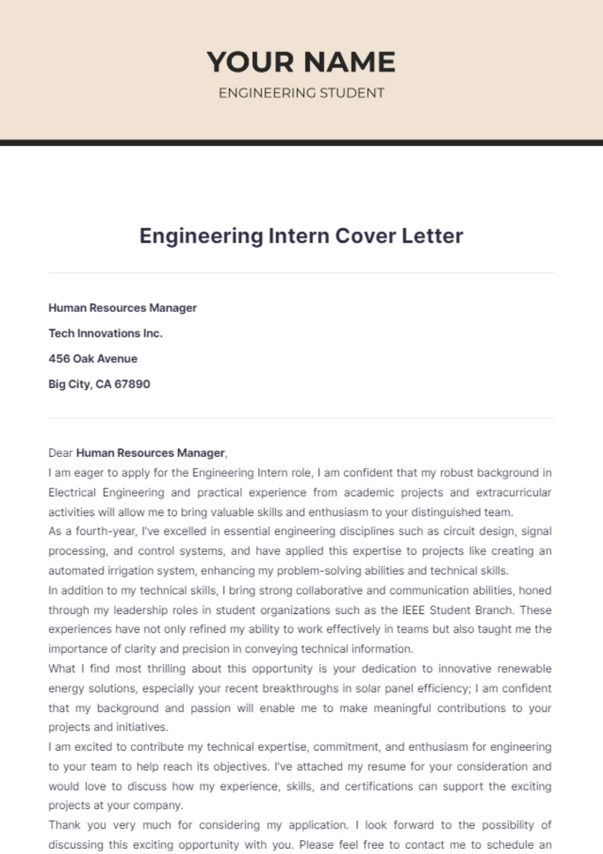 Engineering Intern Cover Letter - Edit Online & Download