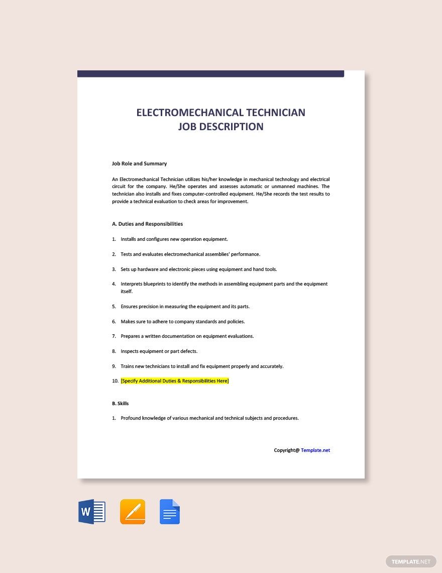 Electromechanical Technician Job Ad and Description Template