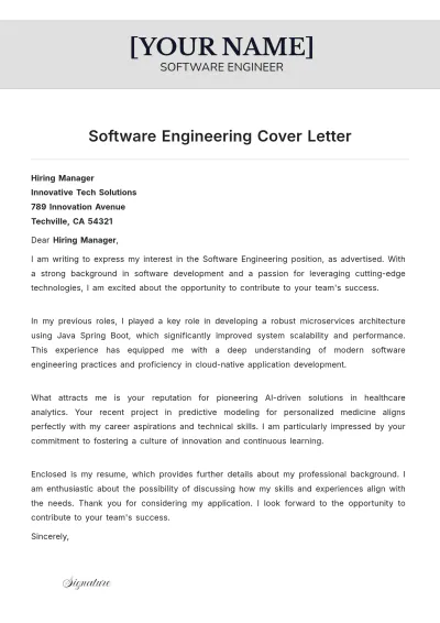 Free Software Engineering Cover Letter to Edit Online