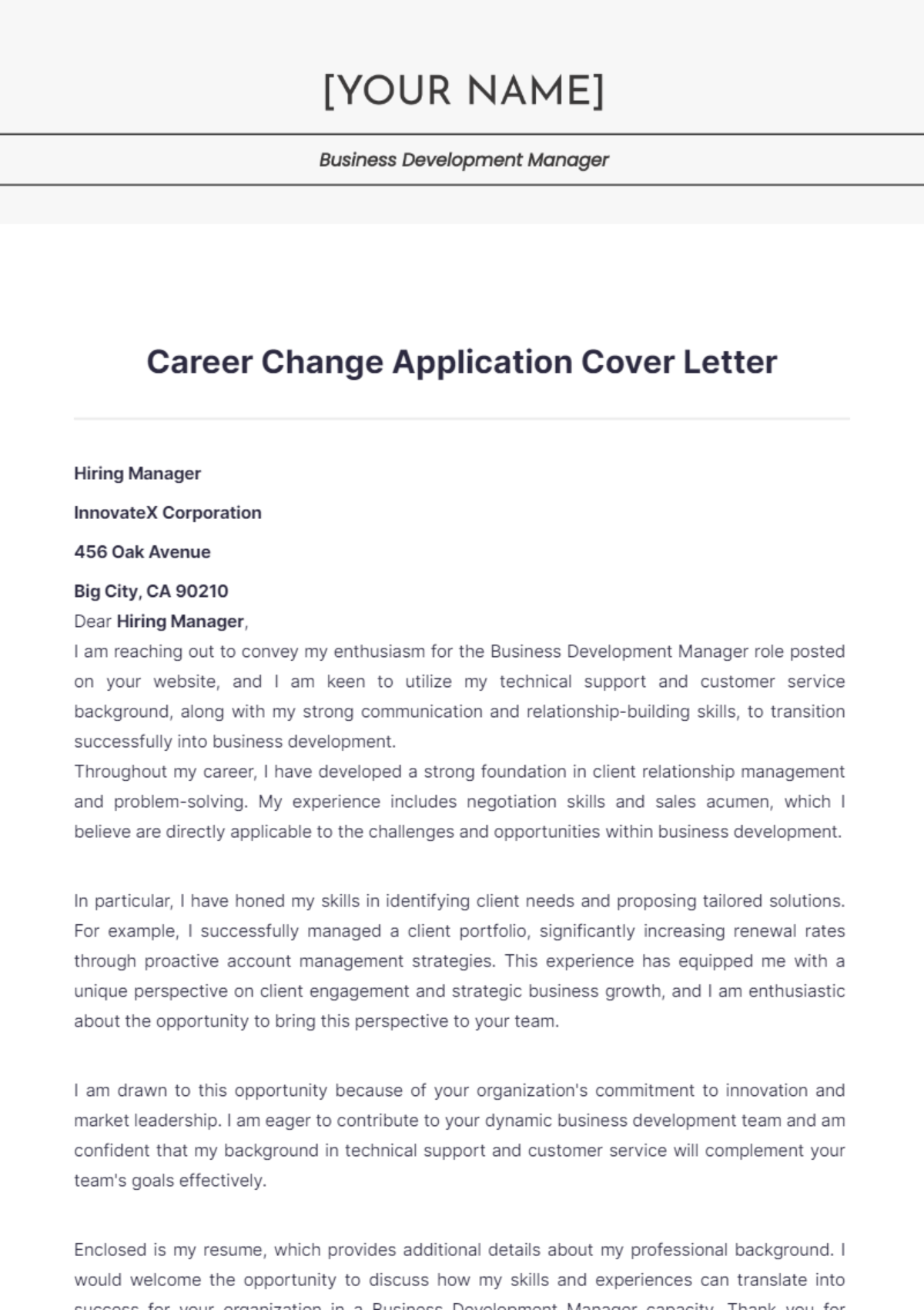 Career Change Application Cover Letter - Edit Online & Download