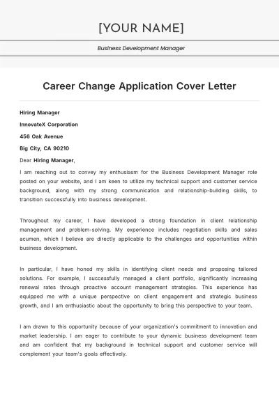 Free Career Change Application Cover Letter to Edit Online