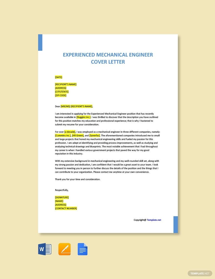 Experienced Mechanical Engineer Cover Letter Template