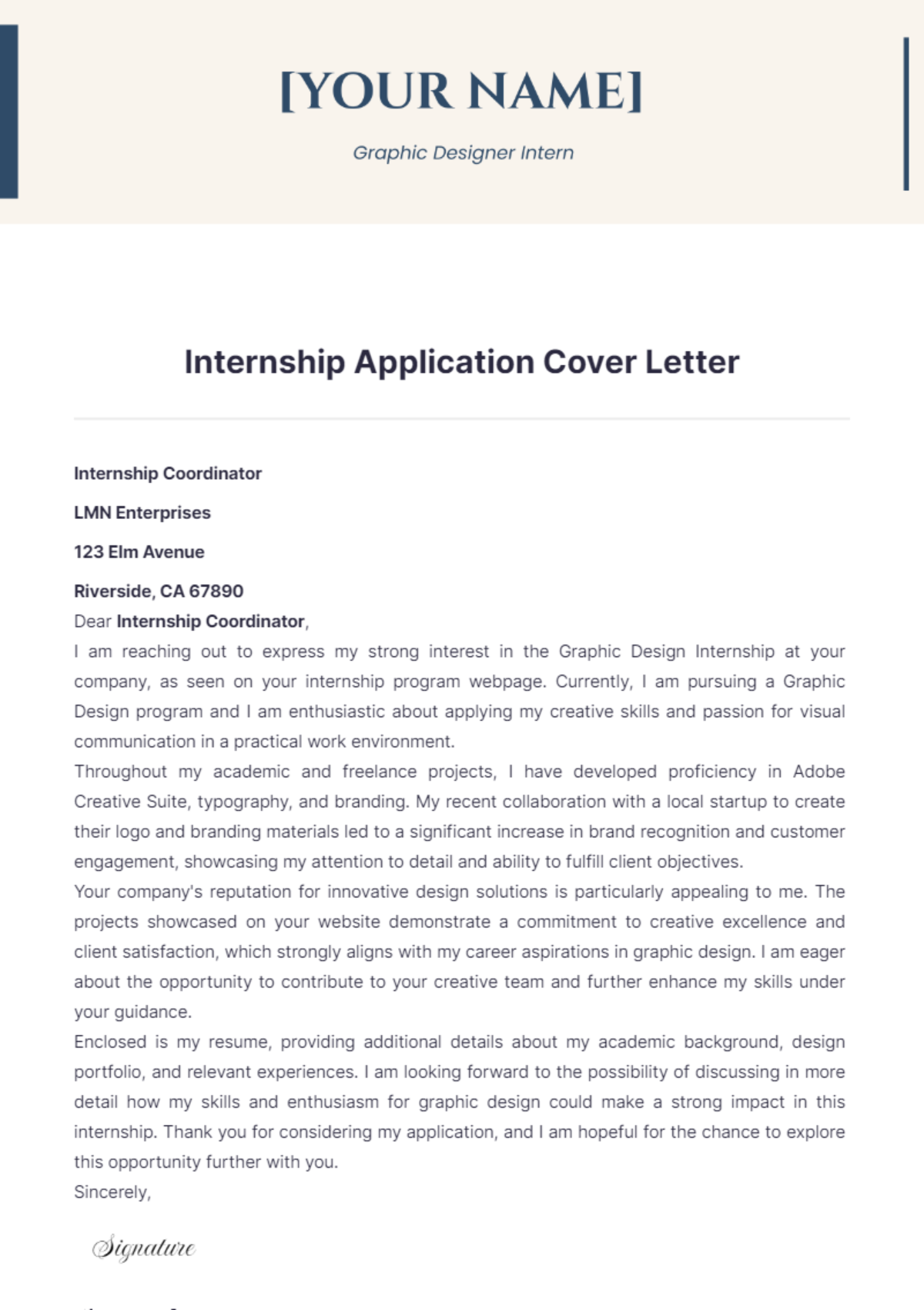 Free Internship Application Cover Letter Template To Edit Online