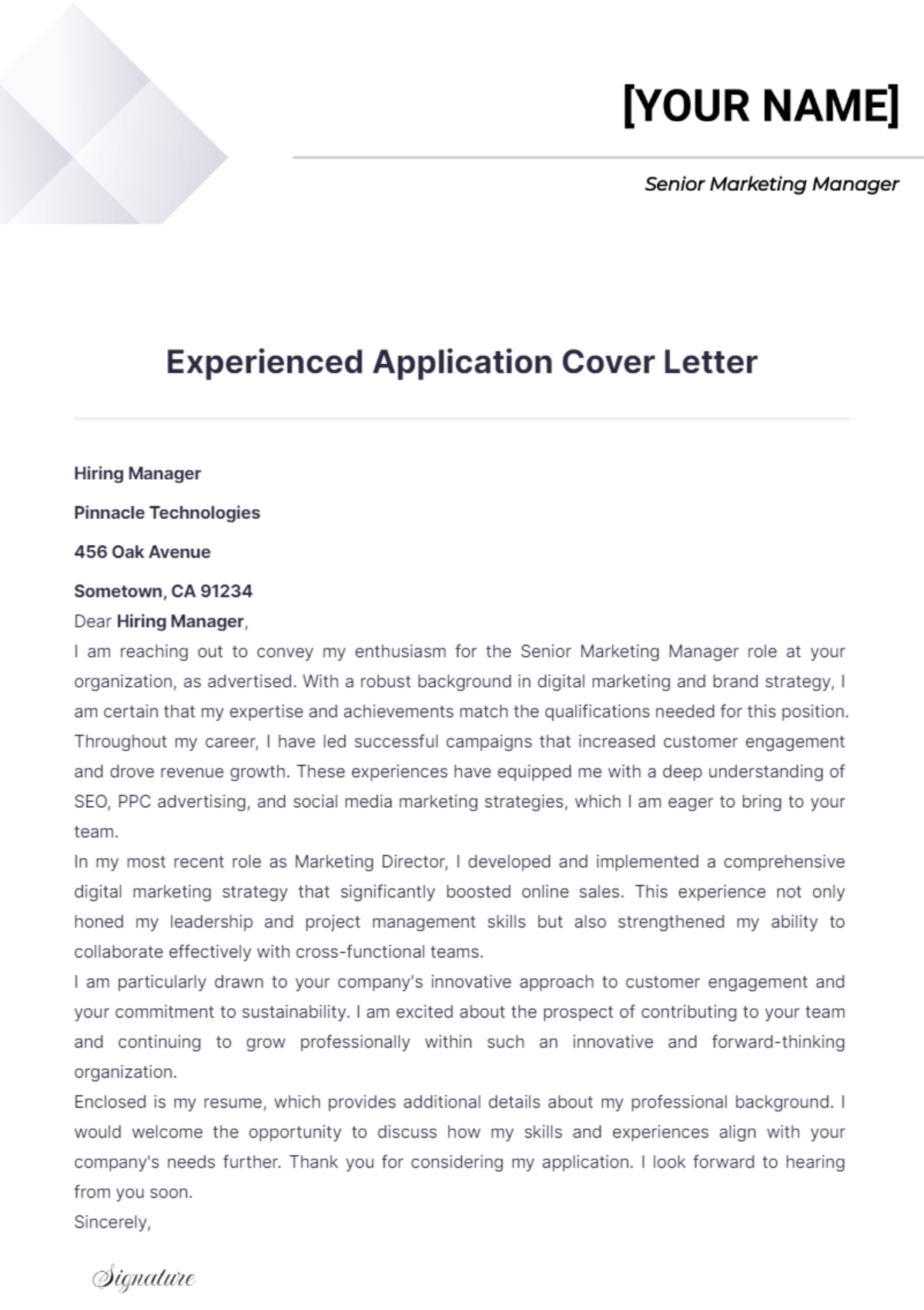 Experienced Application Cover Letter - Edit Online & Download