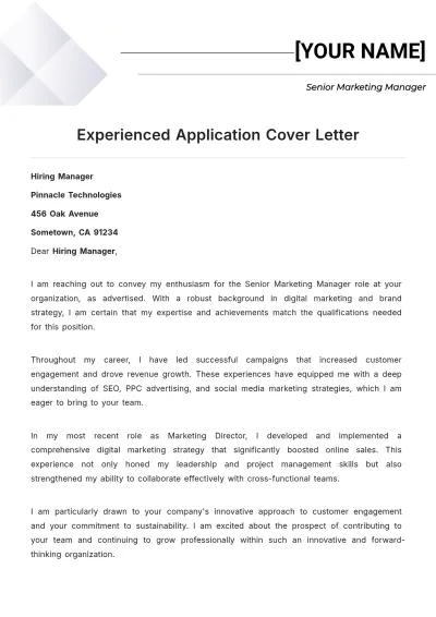 Free Experienced Application Cover Letter to Edit Online