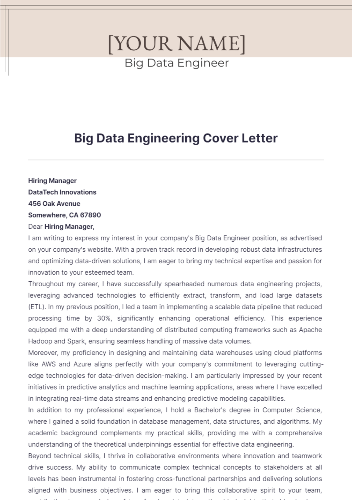 Big Data Engineering Cover Letter - Edit Online & Download