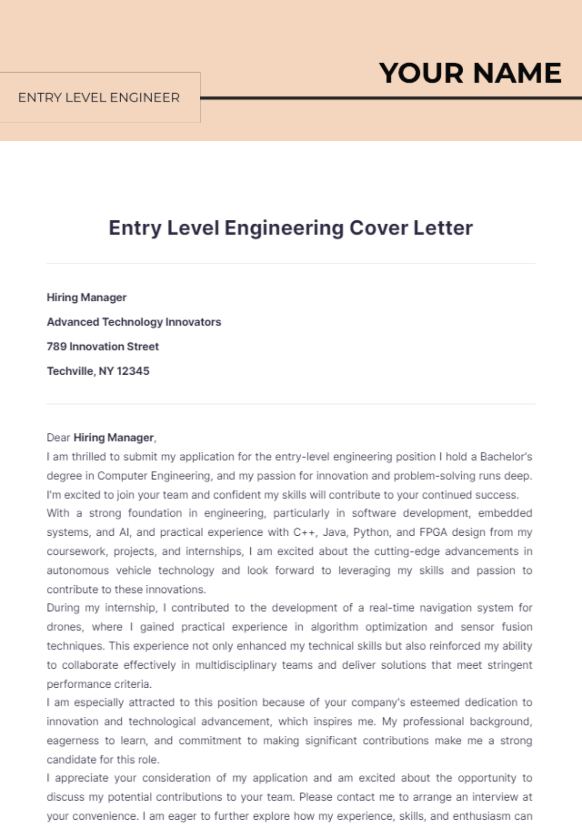 Entry Level Engineering Cover Letter - Edit Online & Download