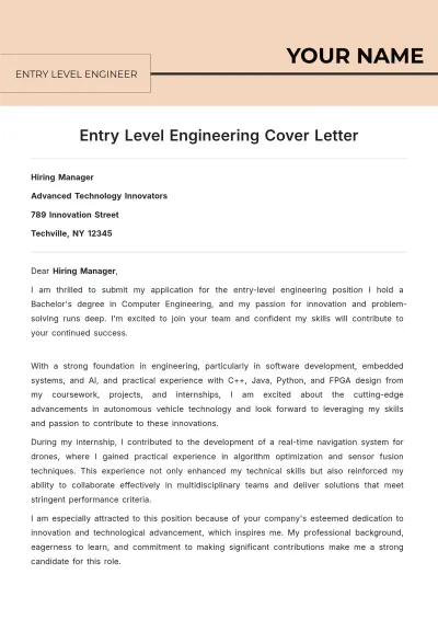 Free Entry Level Engineering Cover Letter to Edit Online