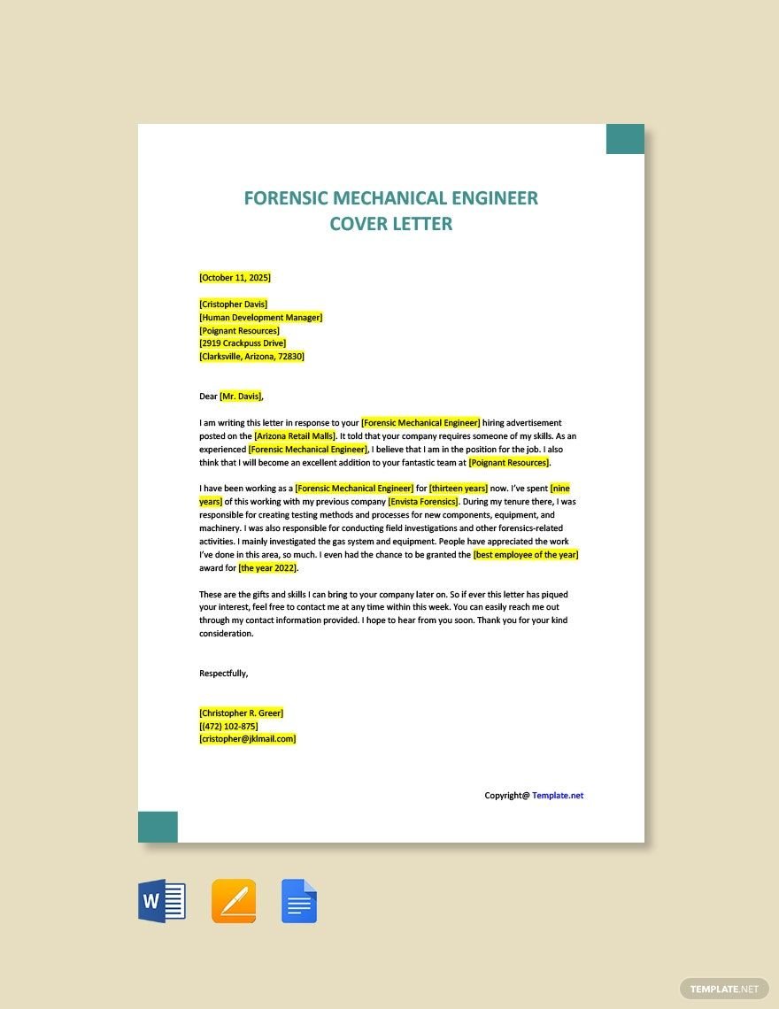 Forensic Mechanical Engineer Cover Letter Template