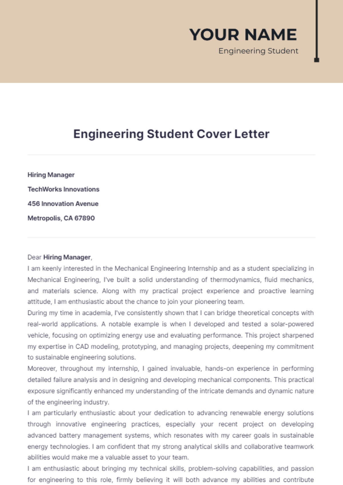 Engineering Student Cover Letter - Edit Online & Download