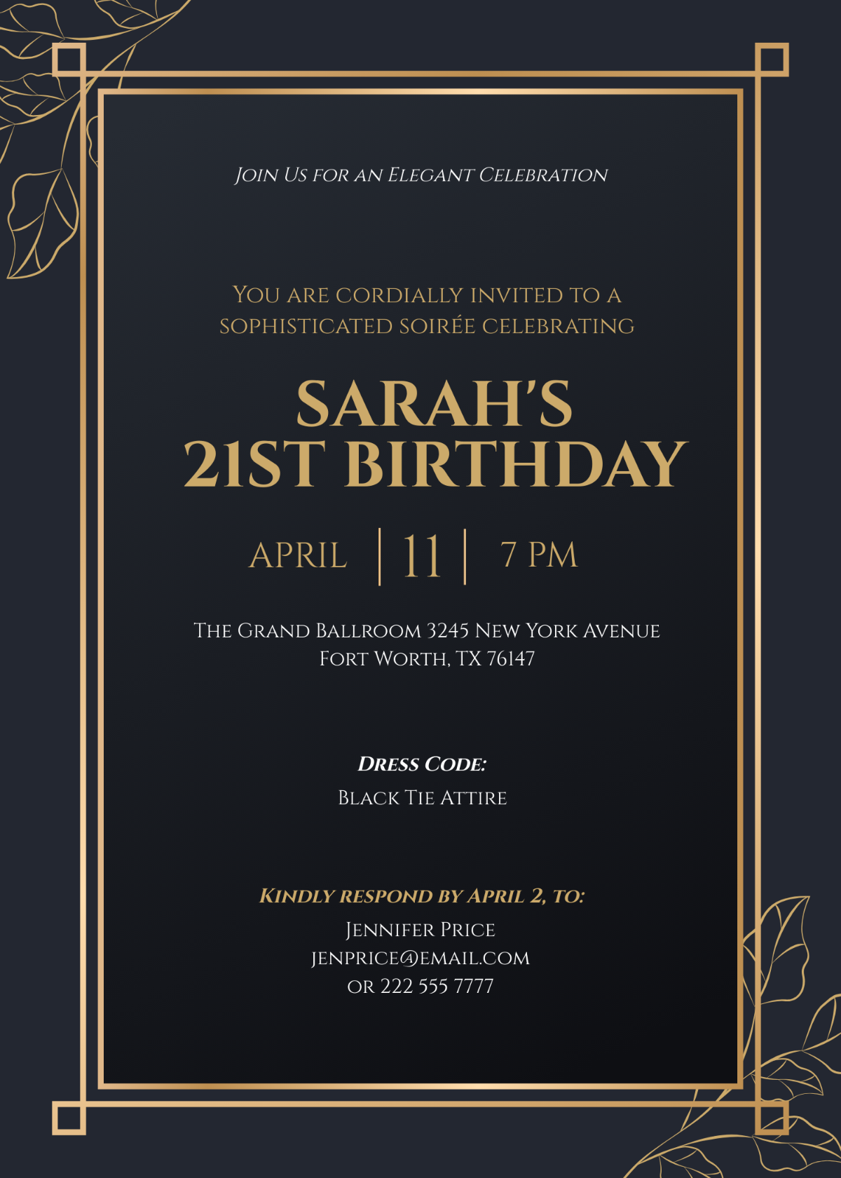 Elegant 21st Birthday Invitation