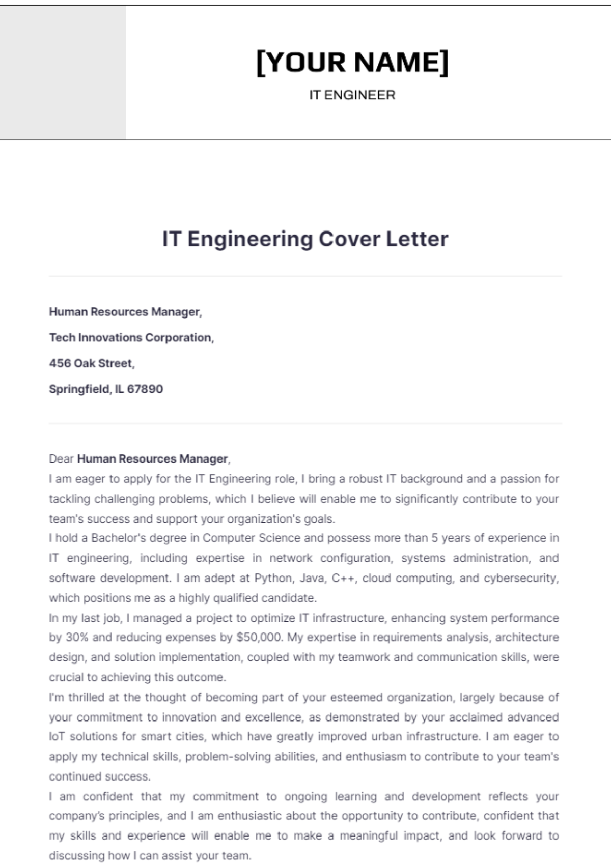 IT Engineering Cover Letter - Edit Online & Download