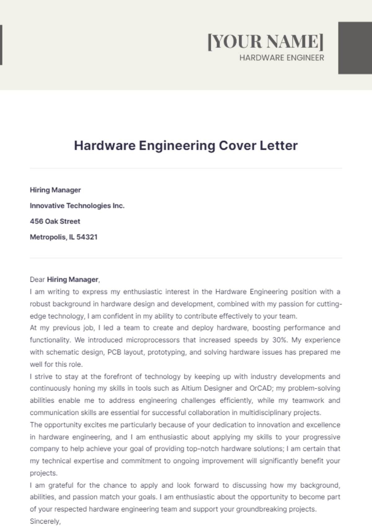 Hardware Engineering Cover Letter - Edit Online & Download