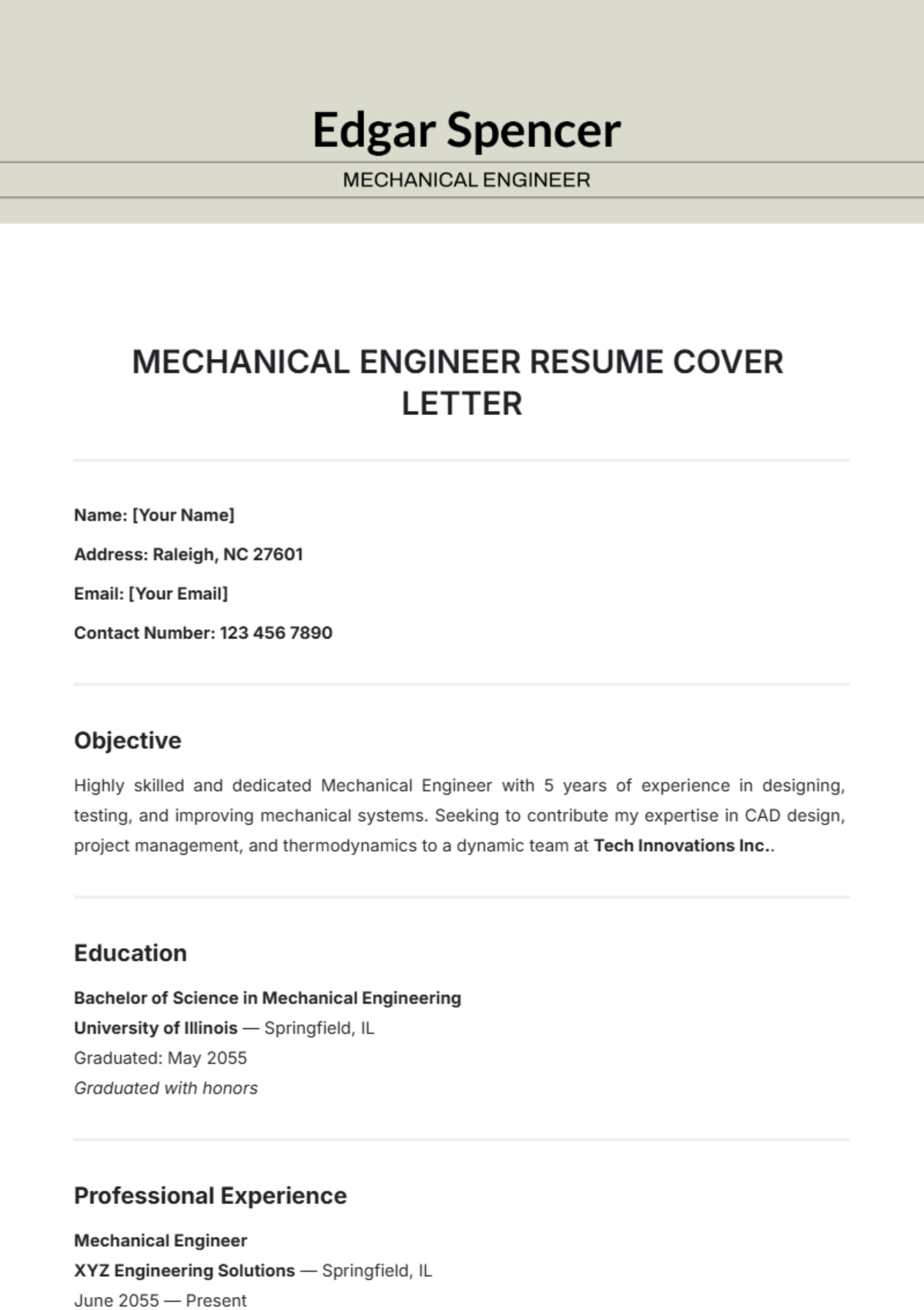 Mechanical Engineer Resume Cover Letter Template - Edit Online & Download