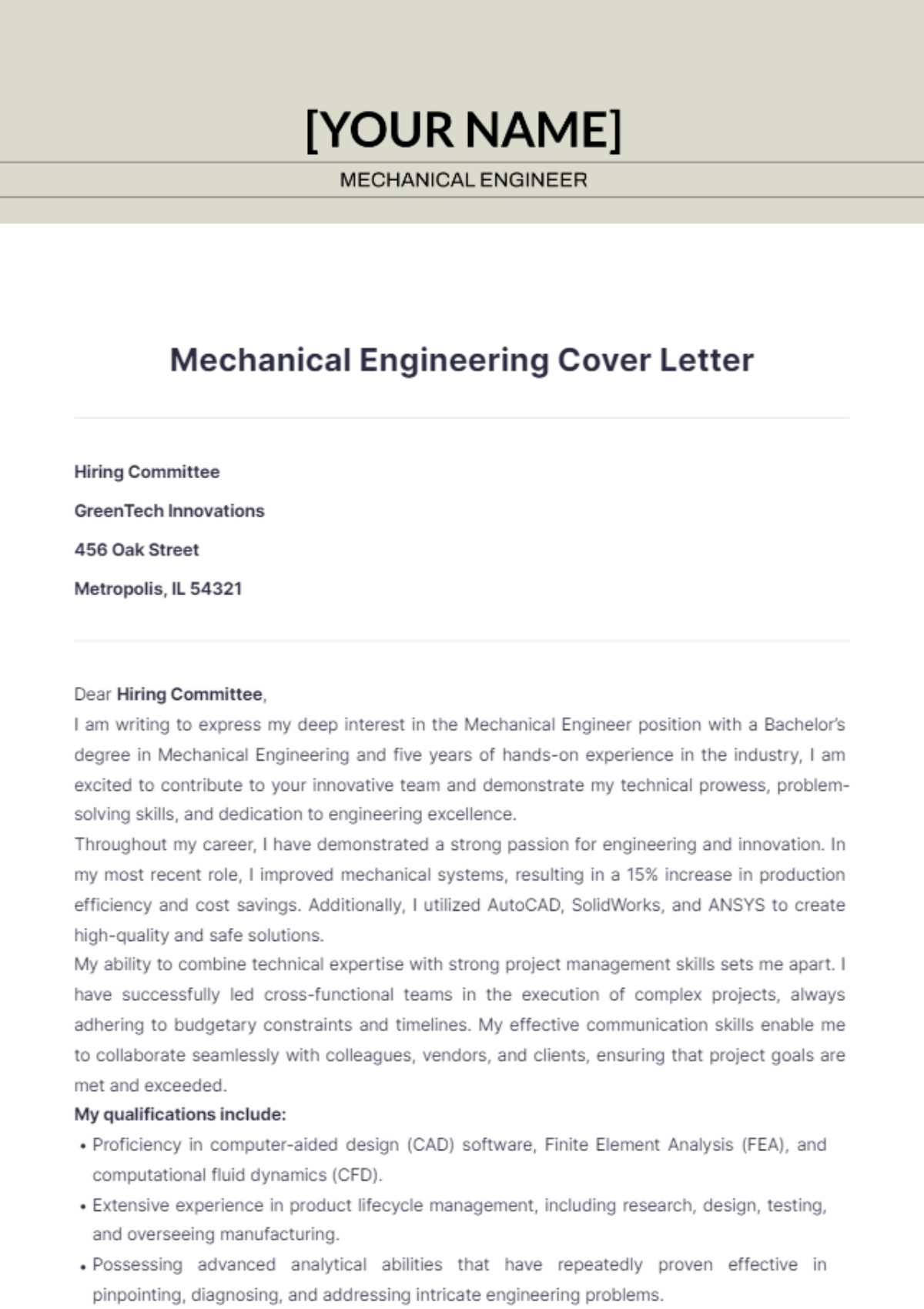 Mechanical Engineering Cover Letter - Edit Online & Download