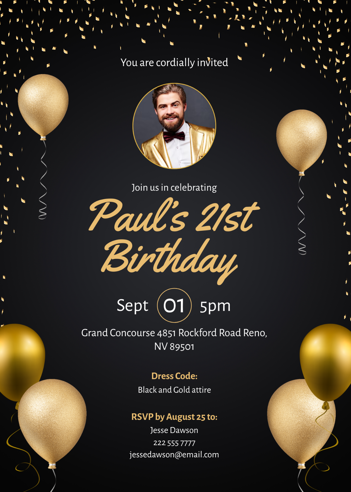 Black And Gold 21st Birthday Invitation