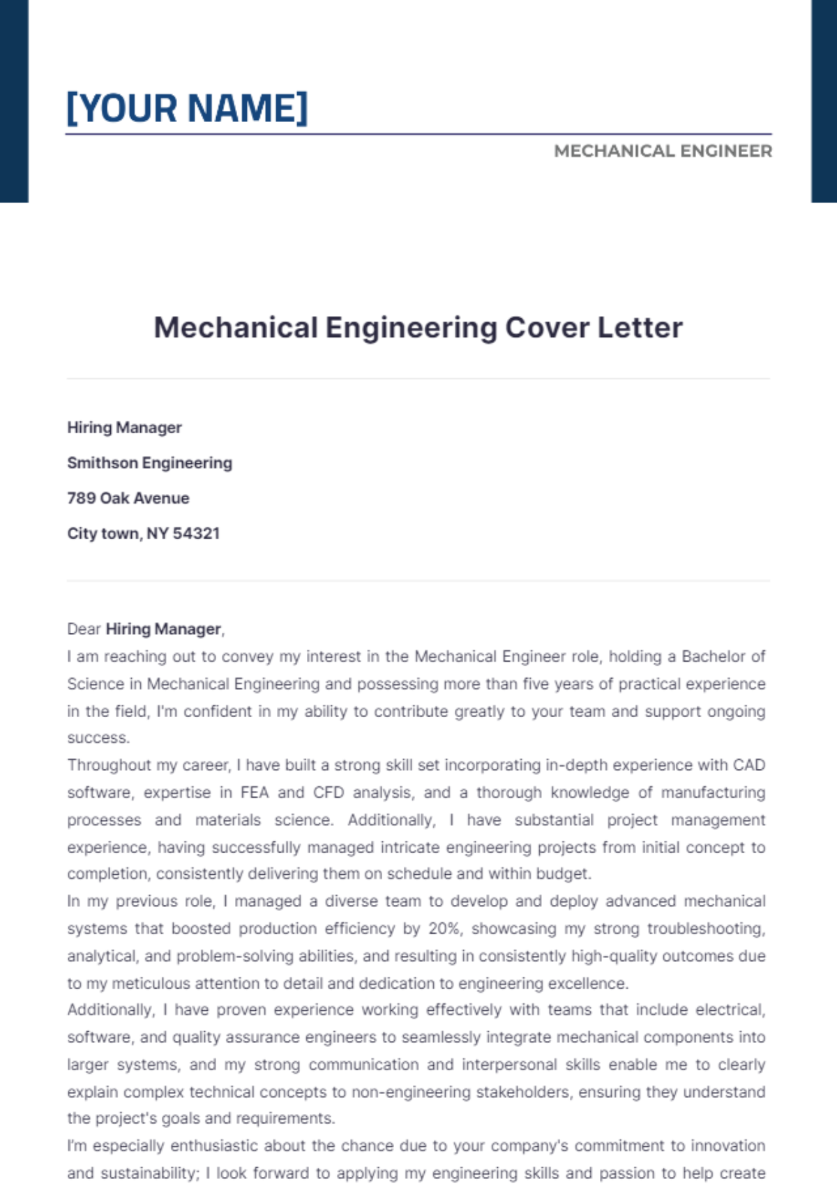 Experienced Mechanical Engineering Cover Letter - Edit Online & Download