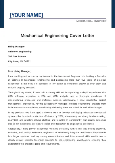 Free Experienced Mechanical Engineering Cover Letter to Edit Online