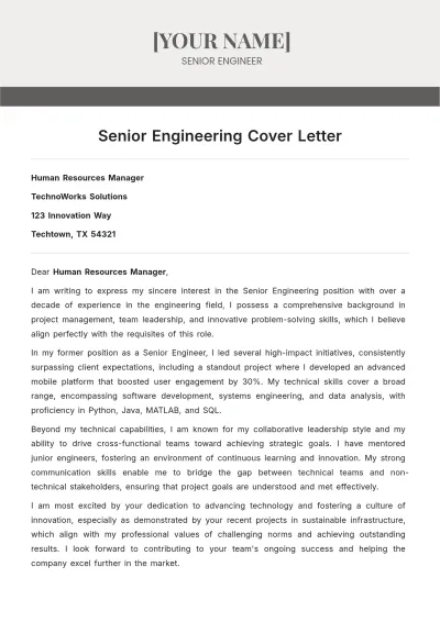 Free Senior Engineering Cover Letter to Edit Online