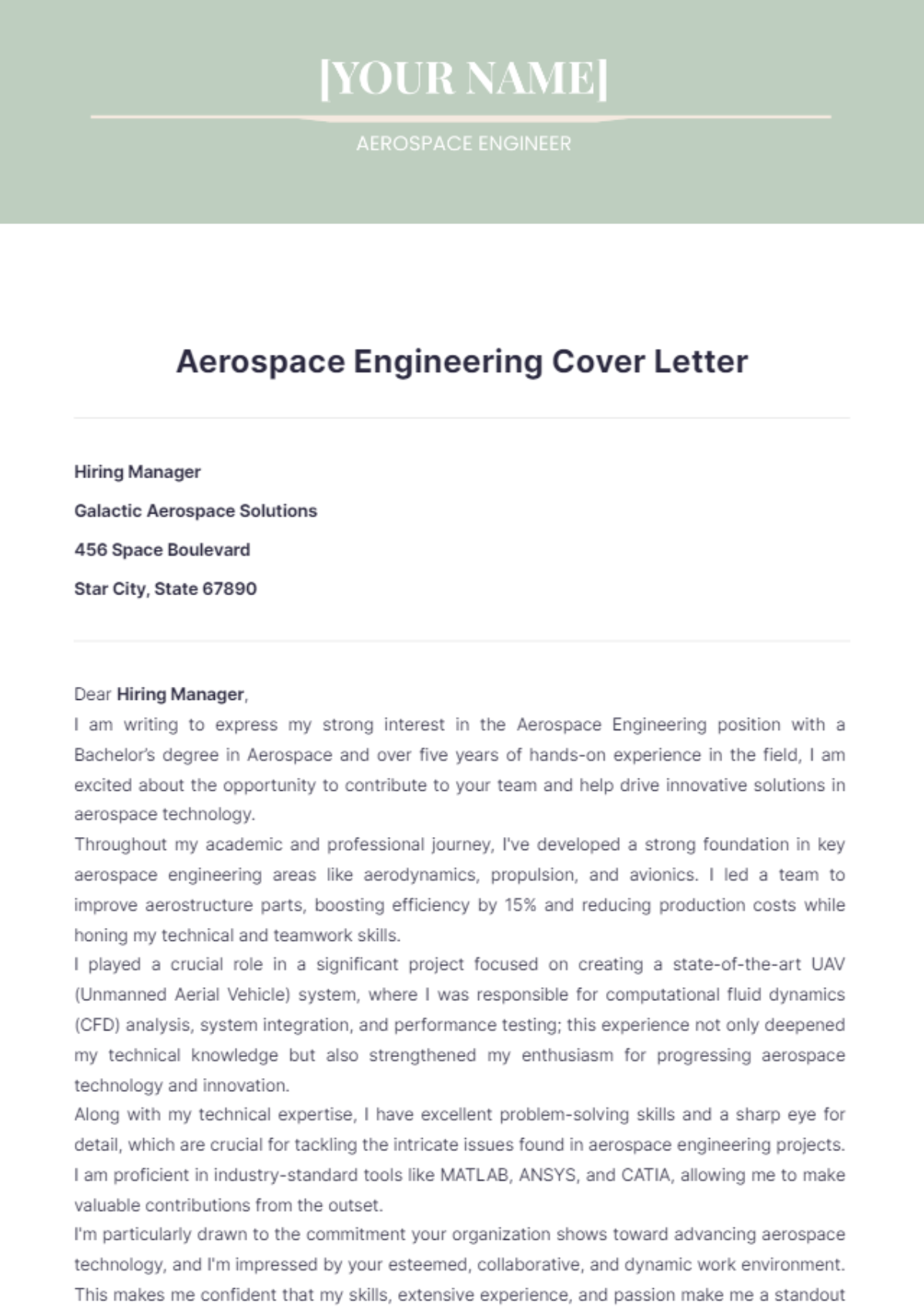 Aerospace Engineering Cover Letter - Edit Online & Download