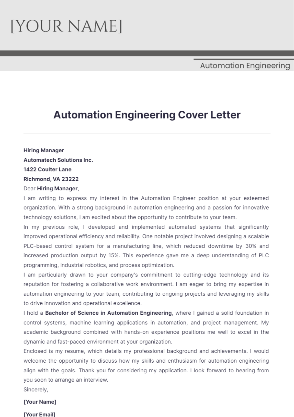 Automation Engineering Cover Letter - Edit Online & Download