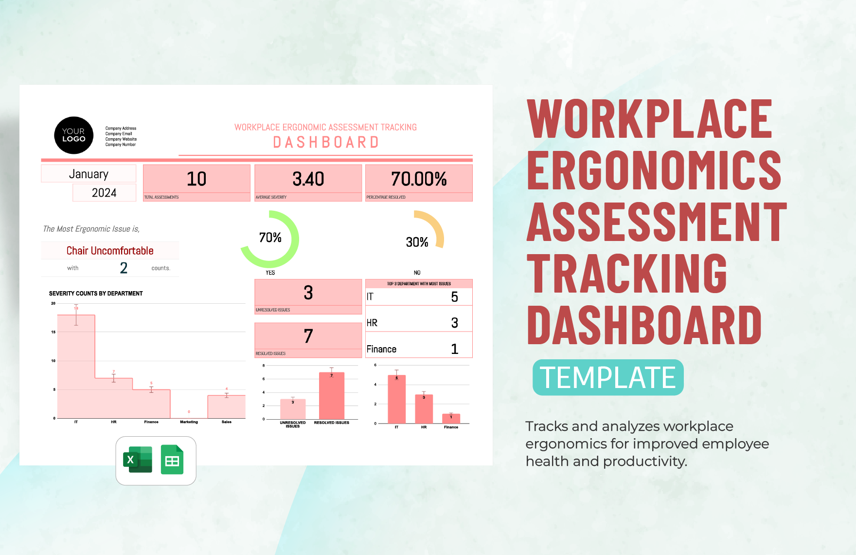 Workplace Ergonomics Assessment Tracking Dashboard Template in Excel, Google Sheets