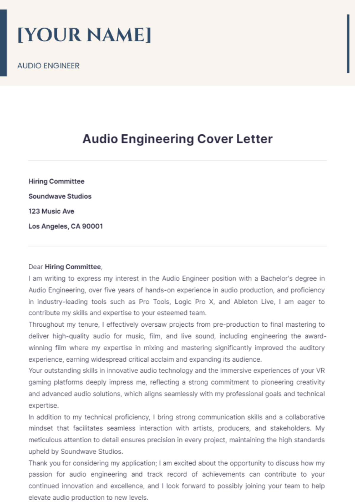 Audio Engineering Cover Letter - Edit Online & Download