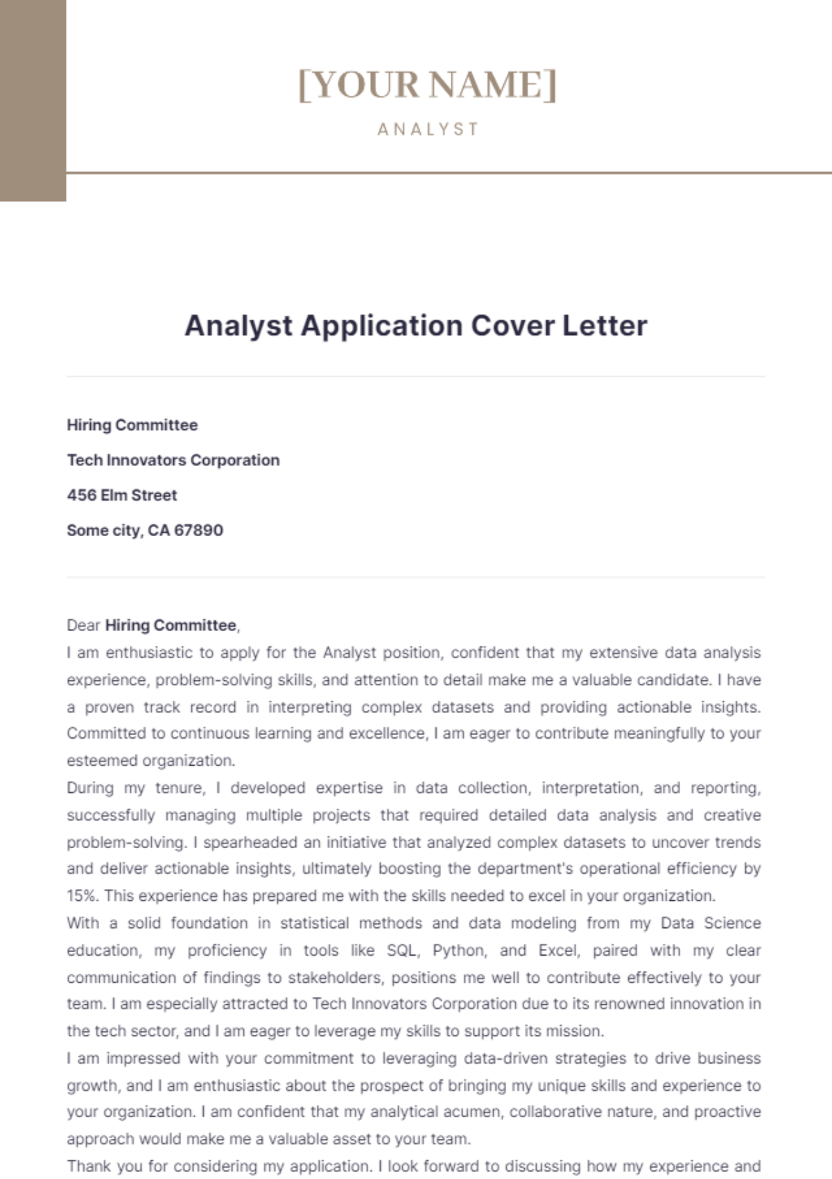 Analyst Application Cover Letter - Edit Online & Download