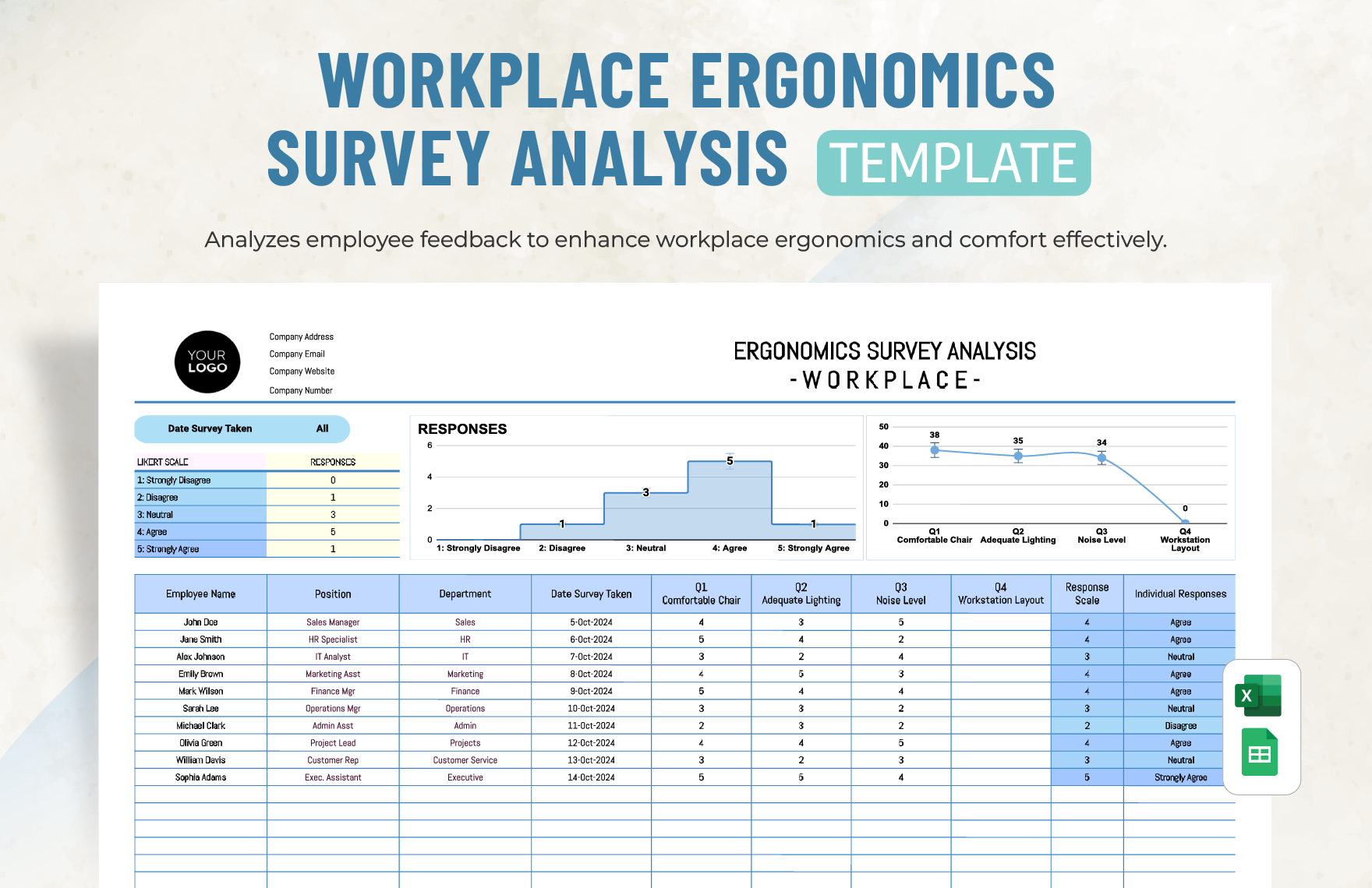Workplace Ergonomics Survey Analysis Template in Excel, Google Sheets