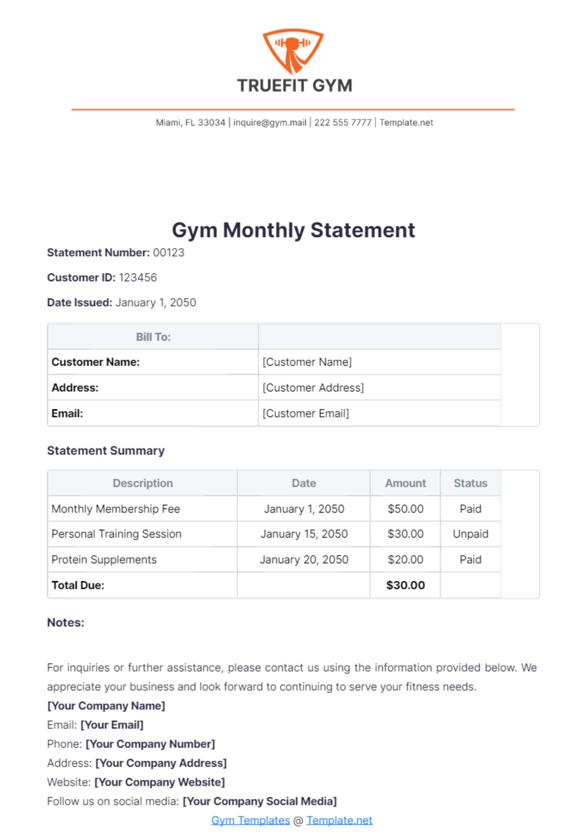 Gym Monthly Statement Template - Edit Online & Download