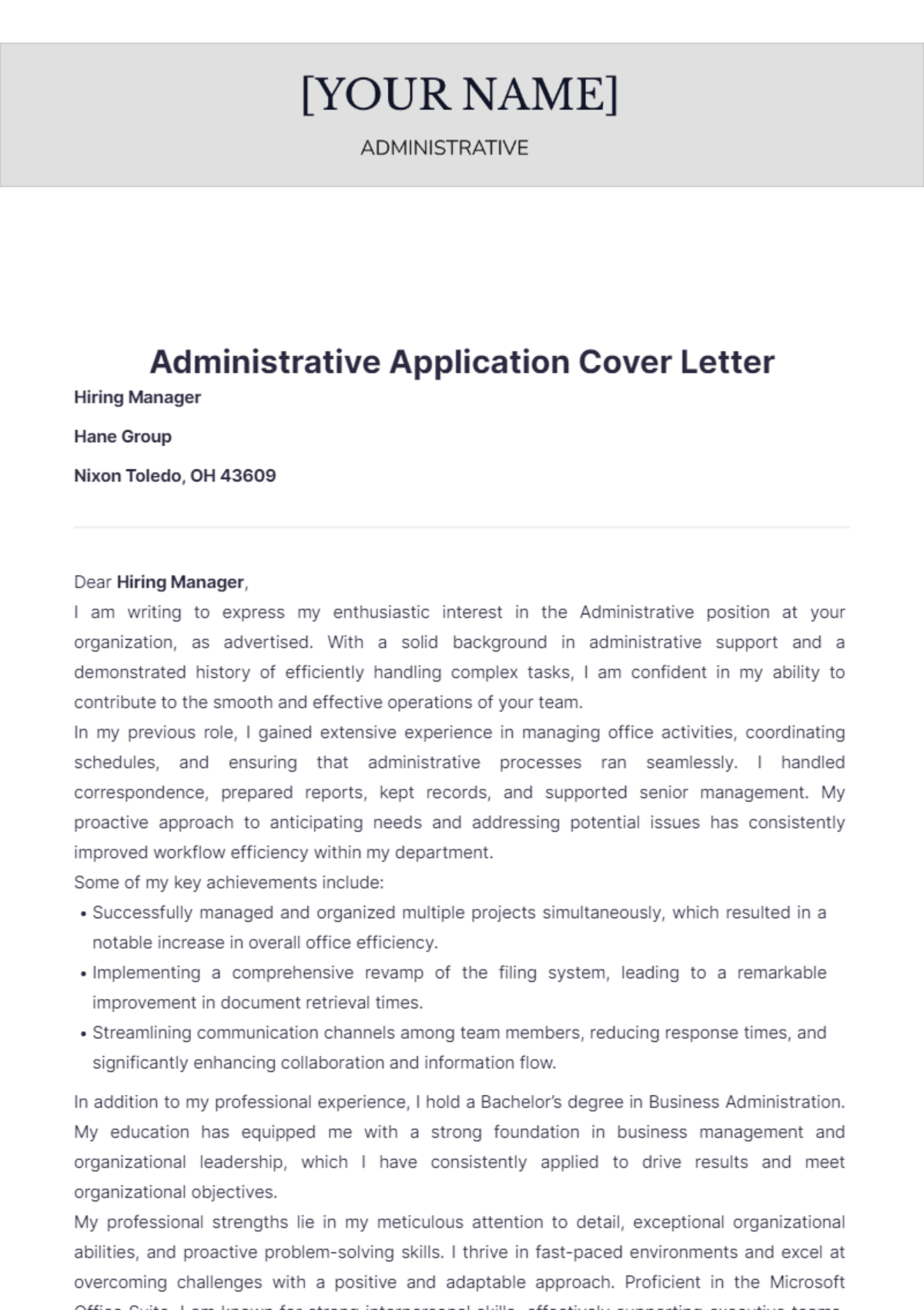 Administrative Application Cover Letter - Edit Online & Download