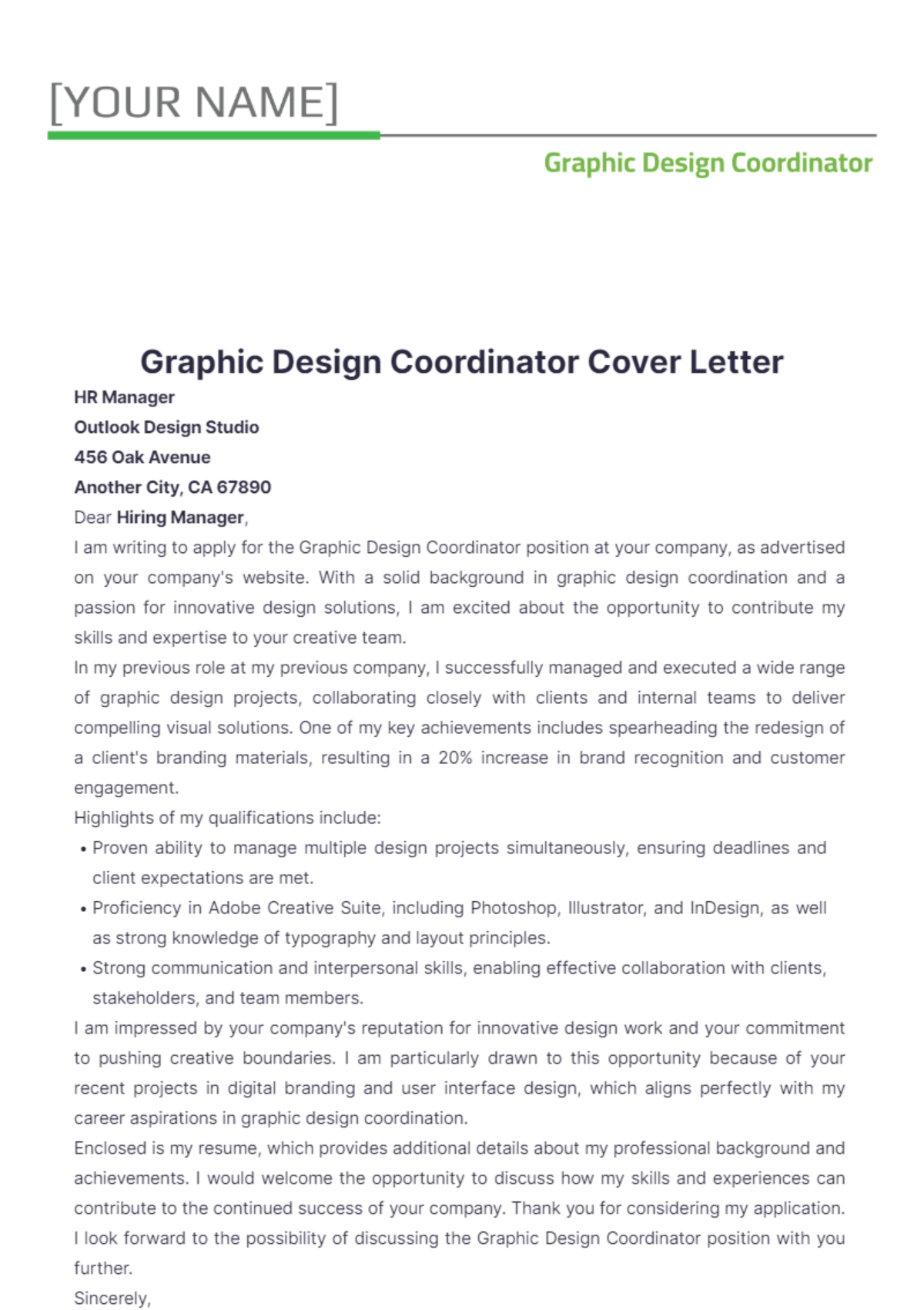 Graphic Design Coordinator Cover Letter - Edit Online & Download