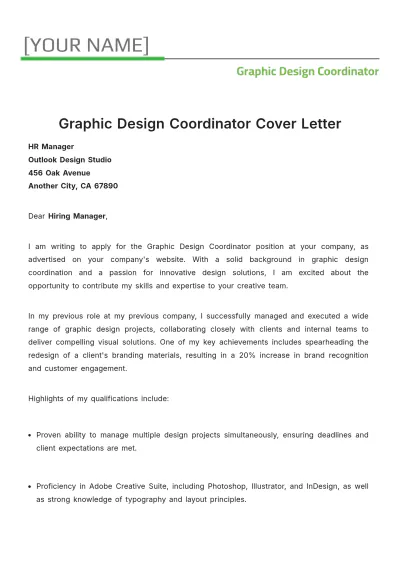 Free Graphic Design Coordinator Cover Letter to Edit Online