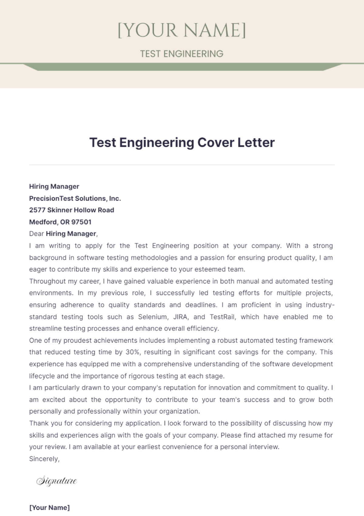 Test Engineering Cover Letter - Edit Online & Download