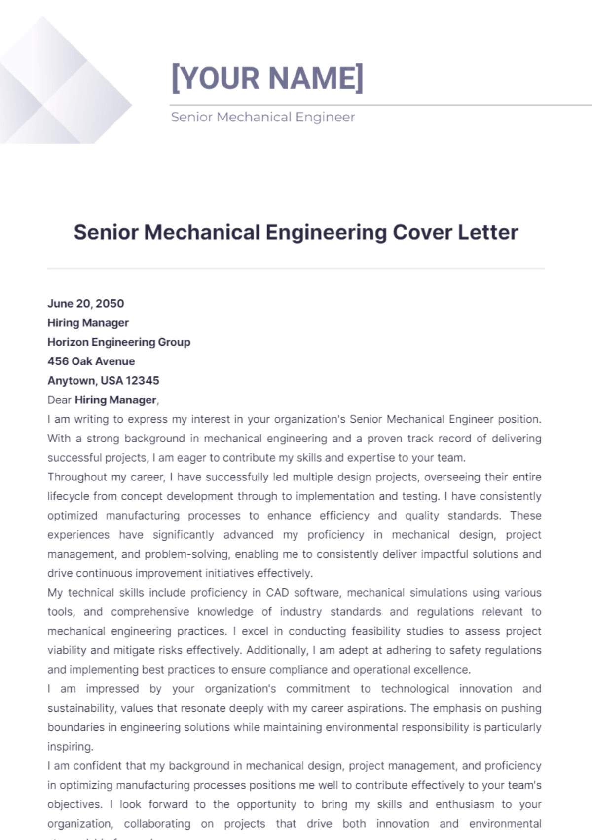 Senior Mechanical Engineering Cover Letter - Edit Online & Download