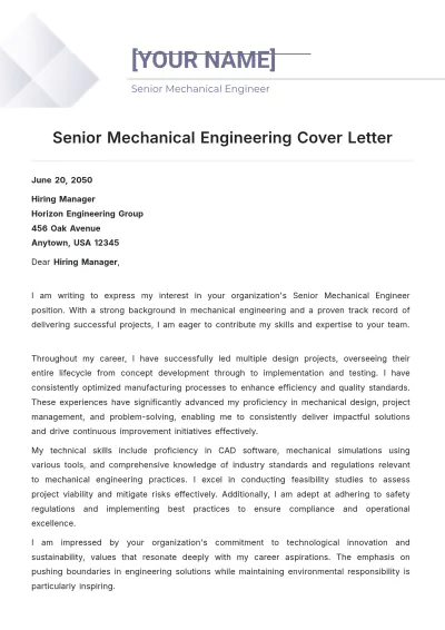 Free Senior Mechanical Engineering Cover Letter to Edit Online