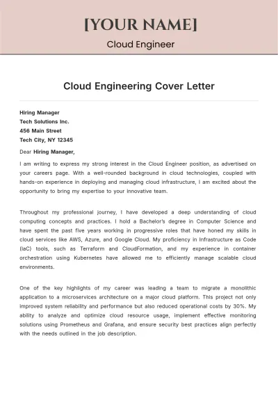 Free Cloud Engineering Cover Letter to Edit Online