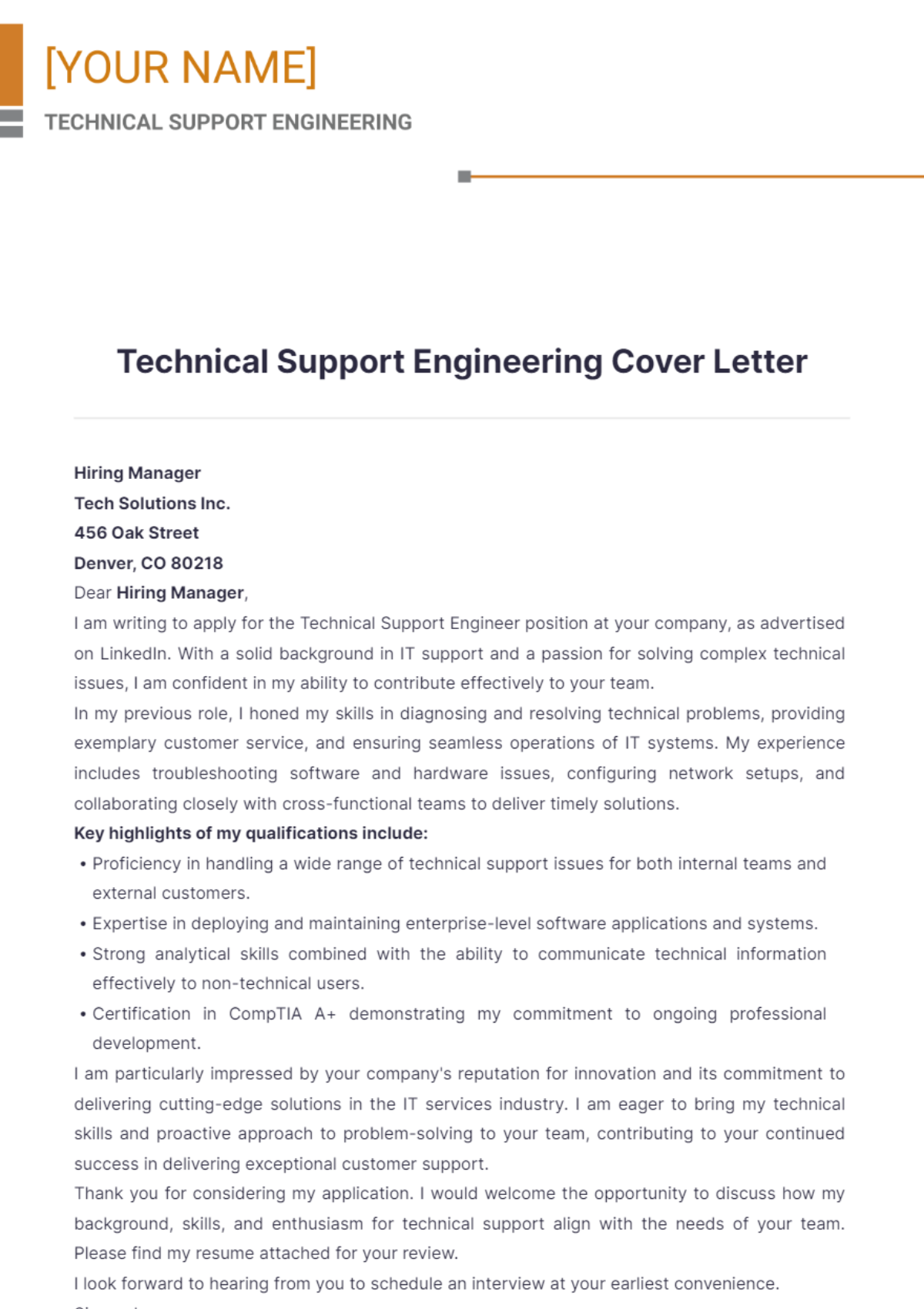 Technical Support Engineering Cover Letter - Edit Online & Download