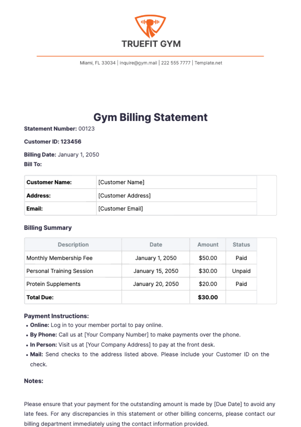 Gym Billing Statement Template - Edit Online & Download