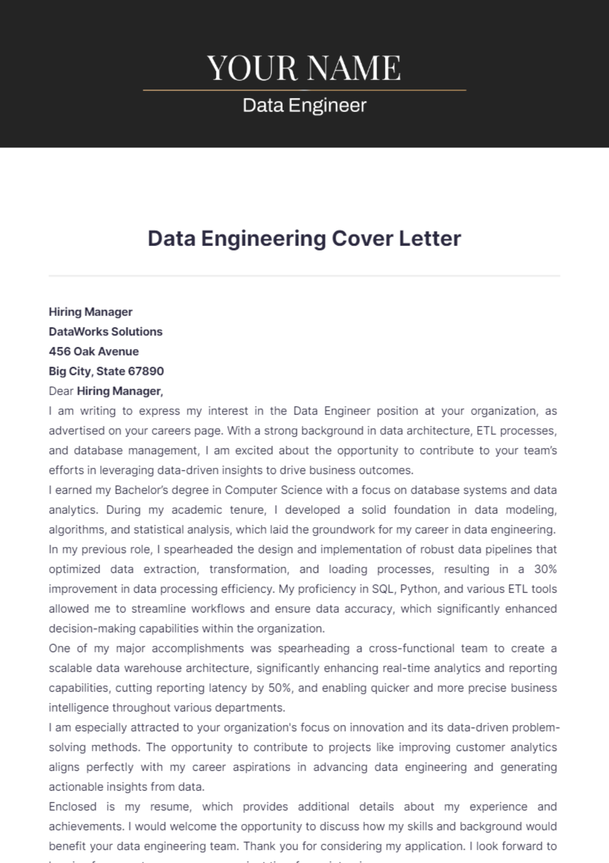 Data Engineering Cover Letter - Edit Online & Download