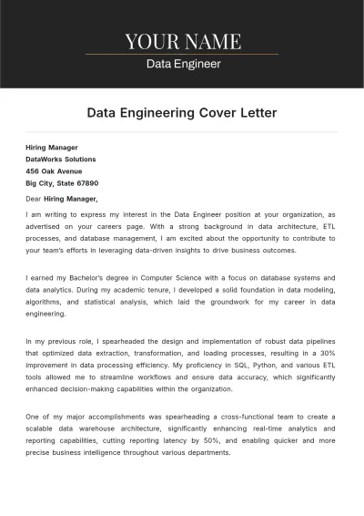 Free Data Engineering Cover Letter to Edit Online