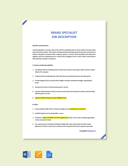 FREE Brand Specialist Job Description Word Google Doc Apple MAC 