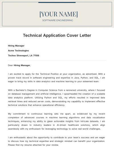 Free Technical Application Cover Letter to Edit Online