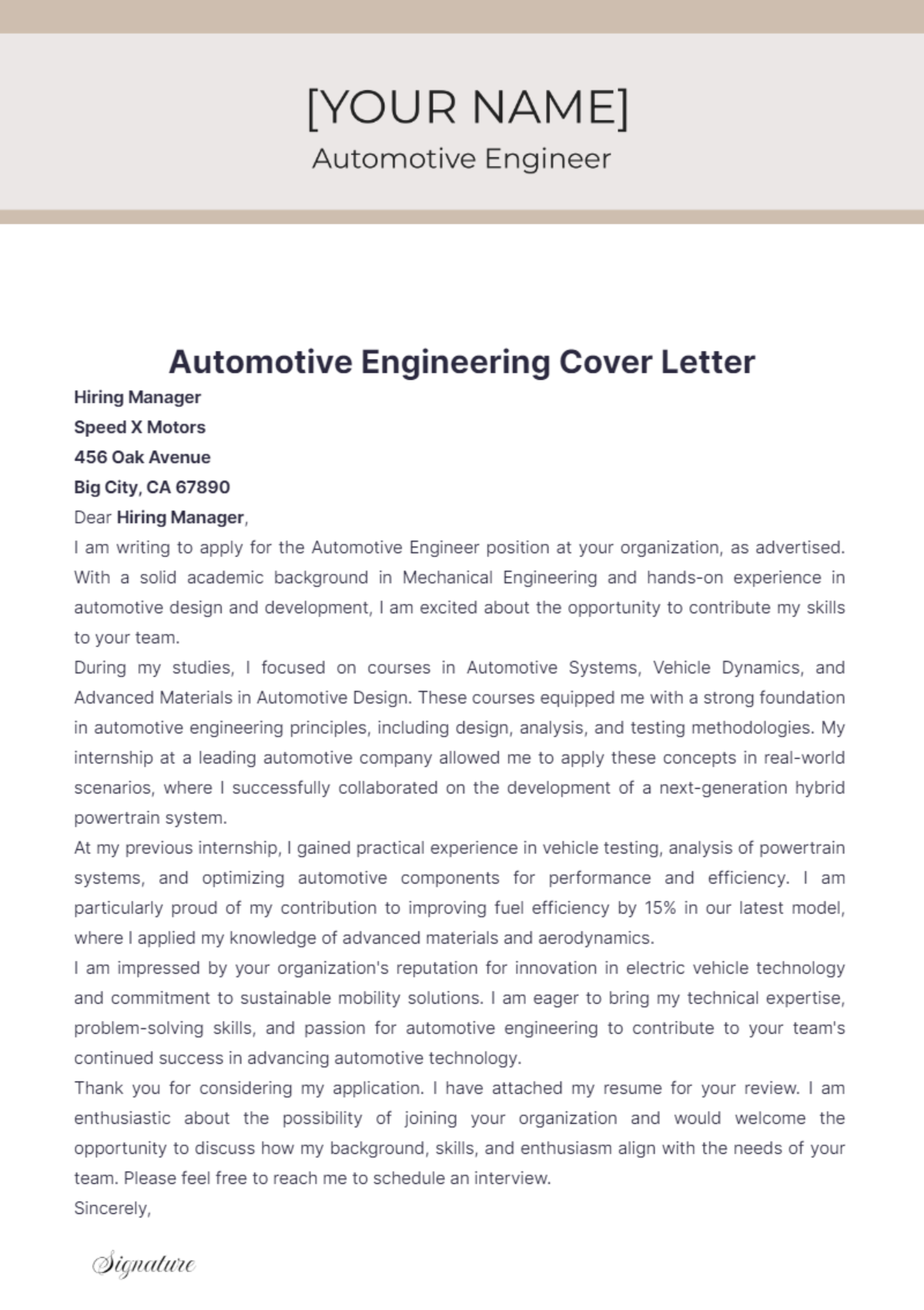 Automotive Engineering Cover Letter - Edit Online & Download