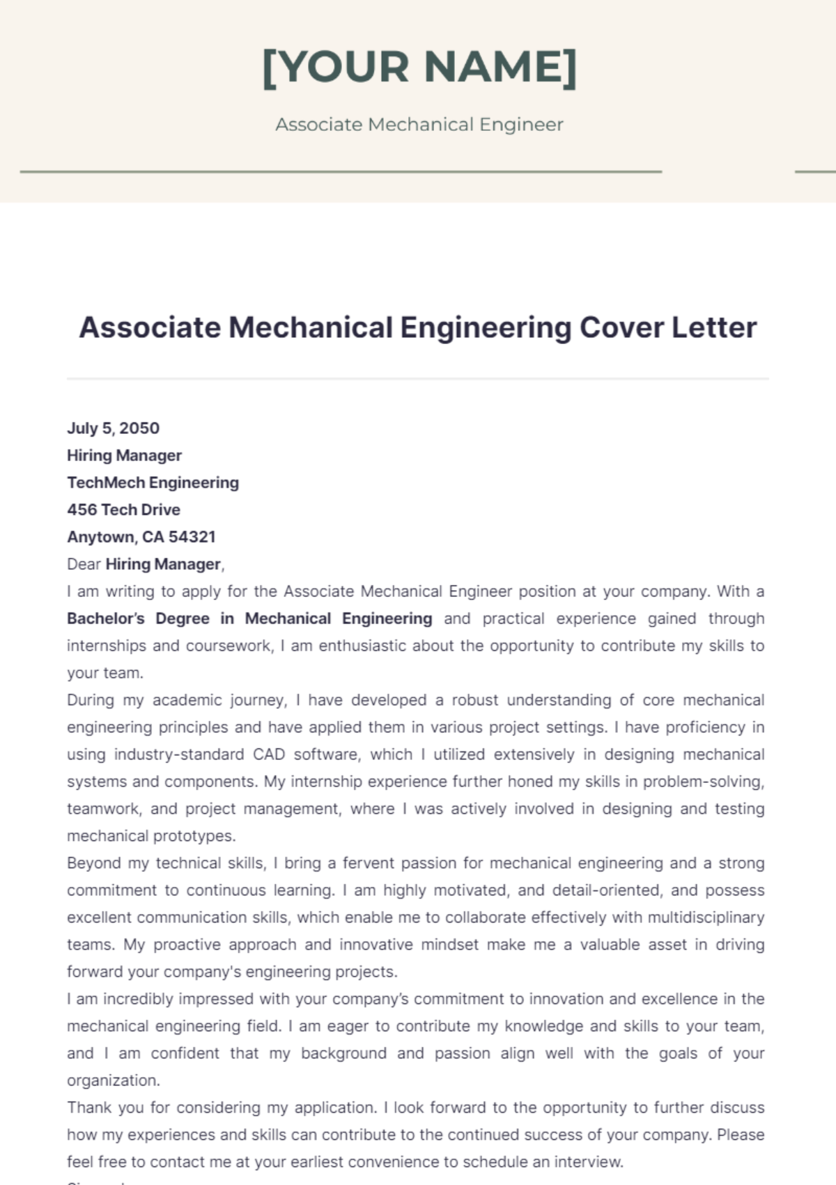 Associate Mechanical Engineering Cover Letter - Edit Online & Download