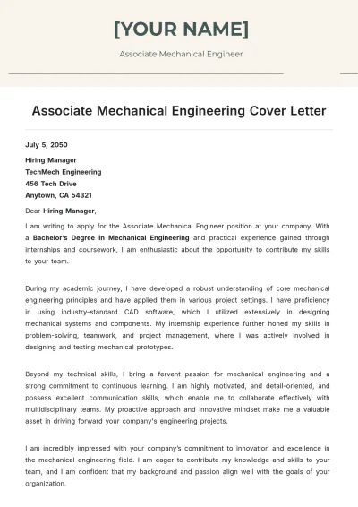Free Associate Mechanical Engineering Cover Letter to Edit Online