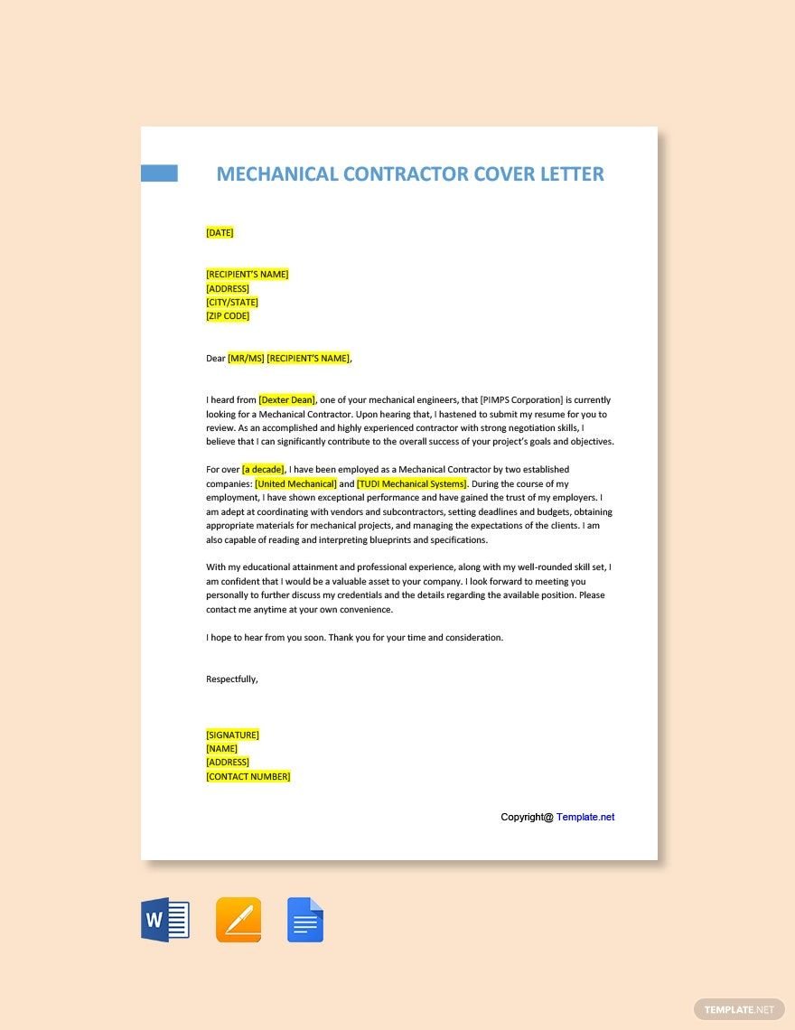 Mechanical Contractor Cover Letter